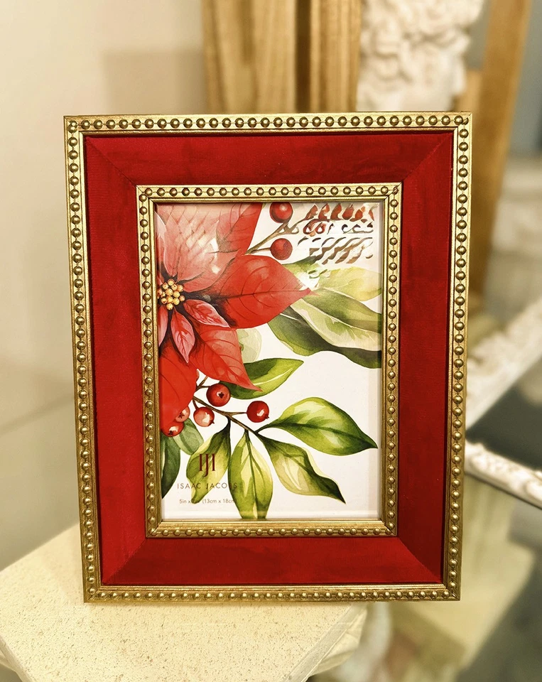 Marco de fotos dorado estilo vintage terciopelo decoración ornamentada 5x7 borde dorado con cuentas Foto 3 de 4