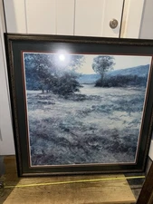 Large Framed Blue Landscape Print – Signed, Matted, Ornate Frame