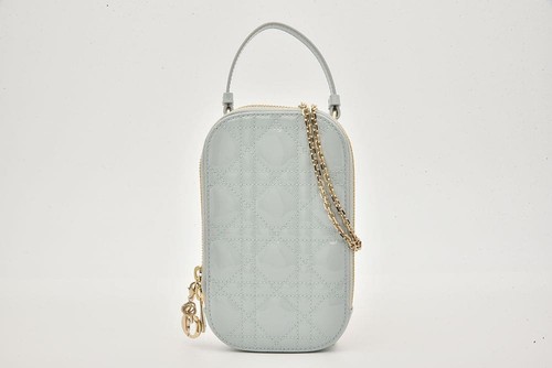 Dior Lady Dior Call&apos;in Dior Phone Holder in Cannage Patent Calf Light Blue