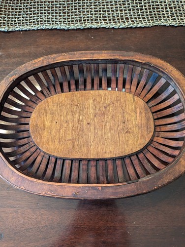 Vintage Wooden Woven Slats Farmhouse Decorative Bowl Basket Tray 13" x 9.5" - Picture 2 of 10
