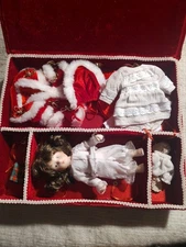 2 -Vintage Christmas Cracker Barrel Porcelain Doll Red Velvet Case Wardrobe Rare