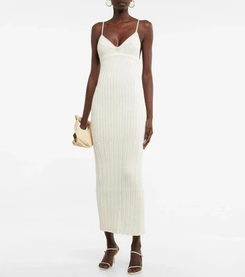 KHAITE Olympia Ribbed Knit Cotton Blend Sleeveless Maxi Dress Ivory M Org $1,180