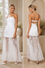 Lulus Winslet Maxi Dress White Satin Sheer Hem Strapless Size XL NWT