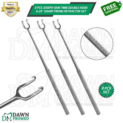 3 Pcs Joseph Skin Hook 7mm Double Sharp Prong 6.25'' Retractor Surgical German Gr