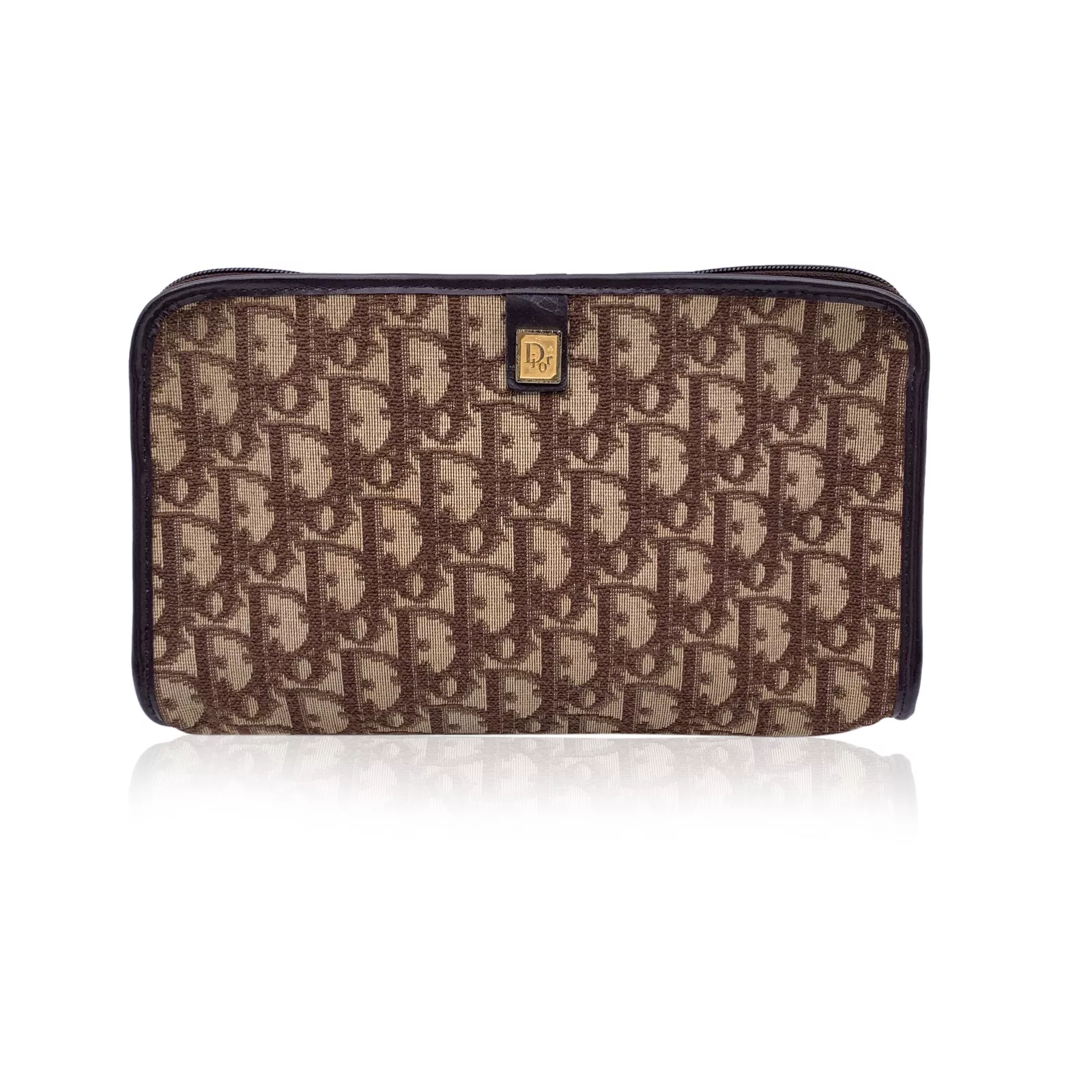 Authentique petite pochette zippée Christian Dior vintage marron logo toile oblique