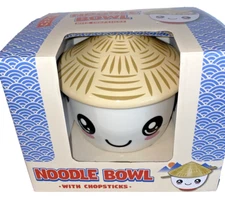 Mad Engine Ramen Noodle Bowl Rice Soup Bowl Lid Wood Chopsticks Happy Face NEW !