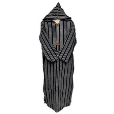 Moroccan Black Grey 3-Quarter Length Striped Wool Blend Hooded Thobe Djellaba