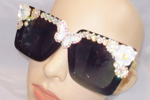 UNIQUE BOUTIQUE OVER THE TOP SQUARE SHAPED SUNGLASSES WITH STONES & RHINESTONES - Picture 2 of 4