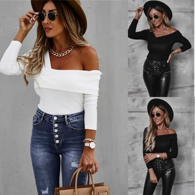 Shirt Slim Bluse Tunika Freizeit Tops Shirt Damen Sexy One Shoulder Langarm T