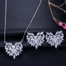 Dazzling Heart Stud Earrings and Necklace Silver Plated Zircon Party Jewelry Set