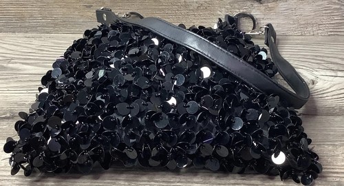 Midnight Black Sequin Beaded Shoulder Hand Bag Formal Special Event Parties - Picture 5 of 14