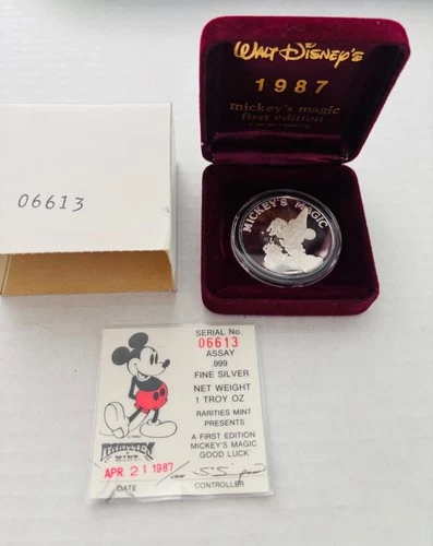 1987 DISNEY Mickey's Magic Good Luck 1st Edition .999 Silver Coin w/ Box & COA