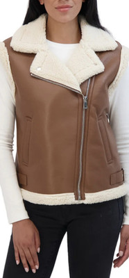 Brown Faux Shearling Moto Vest Sleeveless Jacket with Buckle Accents Zipper