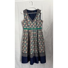Nine West Dress Cotton Spandex Geometric Print Sleeveless V-Neck Fit Flare 8