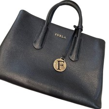 FURLA Black Leather Shoulder Bag with Strap, Excellent Condition Japan