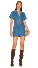 Show Me Your Mumu Denim Belted Oxford Mini Dress Puff Sleeve Size L