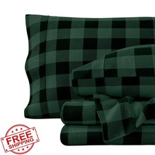 Bare Home Queen Flannel Sheet Set Buffalo Plaid Forest Green