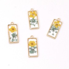 4PCS Gold Tone Real Dried Daffodil Flower Resin Rectangle Charm GYX2807