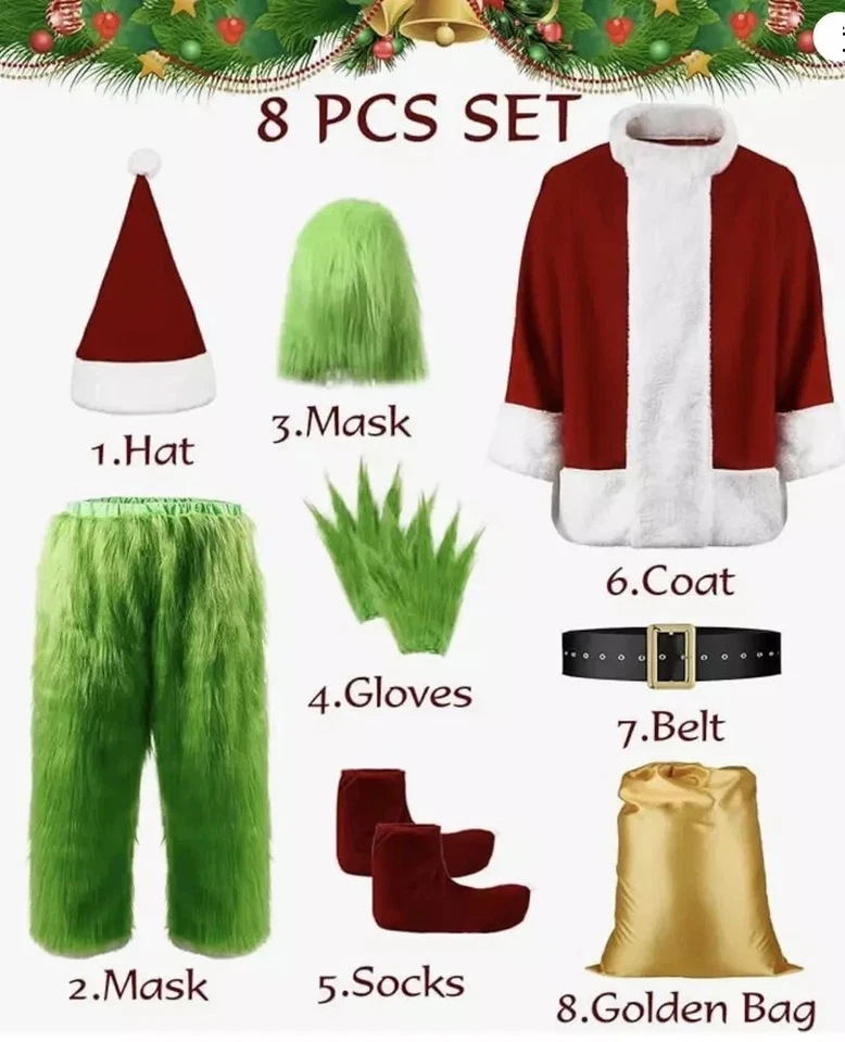 Disfraz Completo Navidad El Grinch Disfraz Papá Noel Adulto (TALLA: S- 3XL) Foto 2 de 4