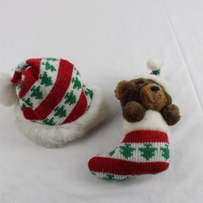Lot of 2 Christmas Plush Toys Bear in Stocking  Stuffed Santa Hat Decor