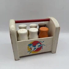 Vtg 1950 Playskool Wooden Milk Crate w/6 Mini Wood Bottles Cow Jumping Over Moon