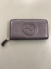 Authentic GUCCI Soho Zip Around Long Wallet Metallic Purple Leather GG Tassel