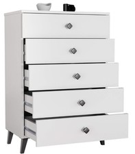 BDW Cassettiera bianca con 5 cassetti per camera da letto, soggiorno -...