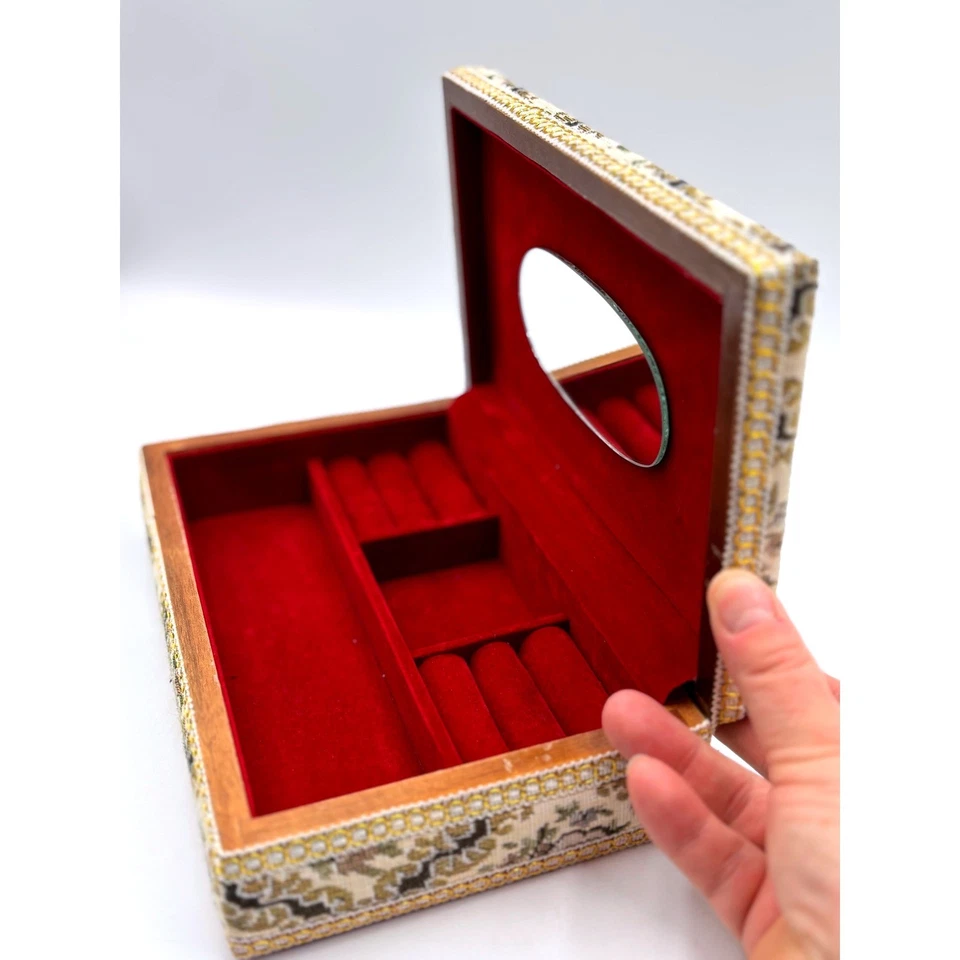 Joyero organizador de baratijas brocado floral vintage con ranuras para espejo y anillo Foto 3 de 4