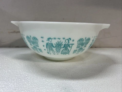 VINTAGE LARGE PYREX MIXING BOWL AMISH BUTTERPRINT TURQUOISE/WHITE 443 2 1.5 QT
