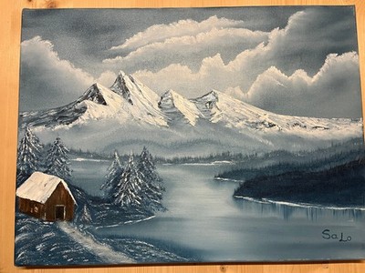 großes Ölbild Handgemalt Landschaft Berge See Bob Ross Technik Winter Handarbeit