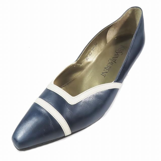 Saint Laurent YSL decolte tacco EU36 US6 punta quadrata tacco medio pelle blu navy Auth