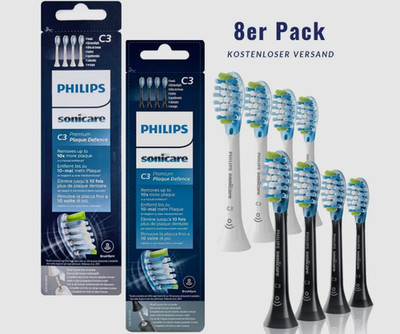 8x Philips Sonicare C3 Premium Plaque Defence HX9044 Ersatzbürste Schwarz + Weiß