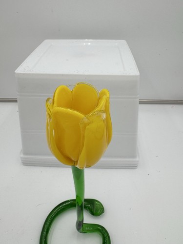 Art Glass Flower Taper Candle Holder Hand Blown Yellow Tulip 10 Inch Long Stem - Picture 3 of 8