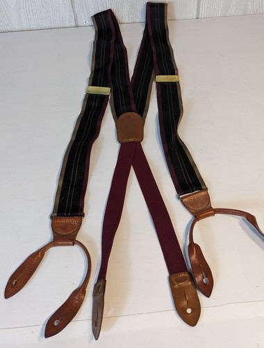 VTG Cole Haan Button Suspenders Burgundy Blue Leather Trim Adjustable EUC - Picture 4 of 5