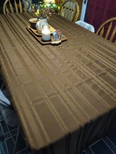 Essential Home OBLONG brown damask stripe Tablecloth EUC 60" x 102" FREE SHIP 