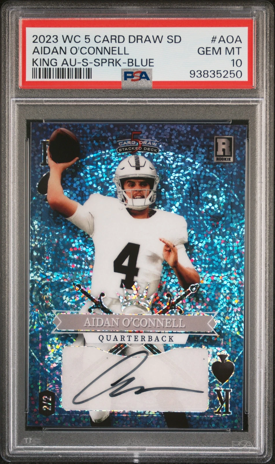 Aidan O'Connell Wild Card 5 Card Draw Stacked Deck King Autographs #AOA Spade-Sparkles Foil-Blue