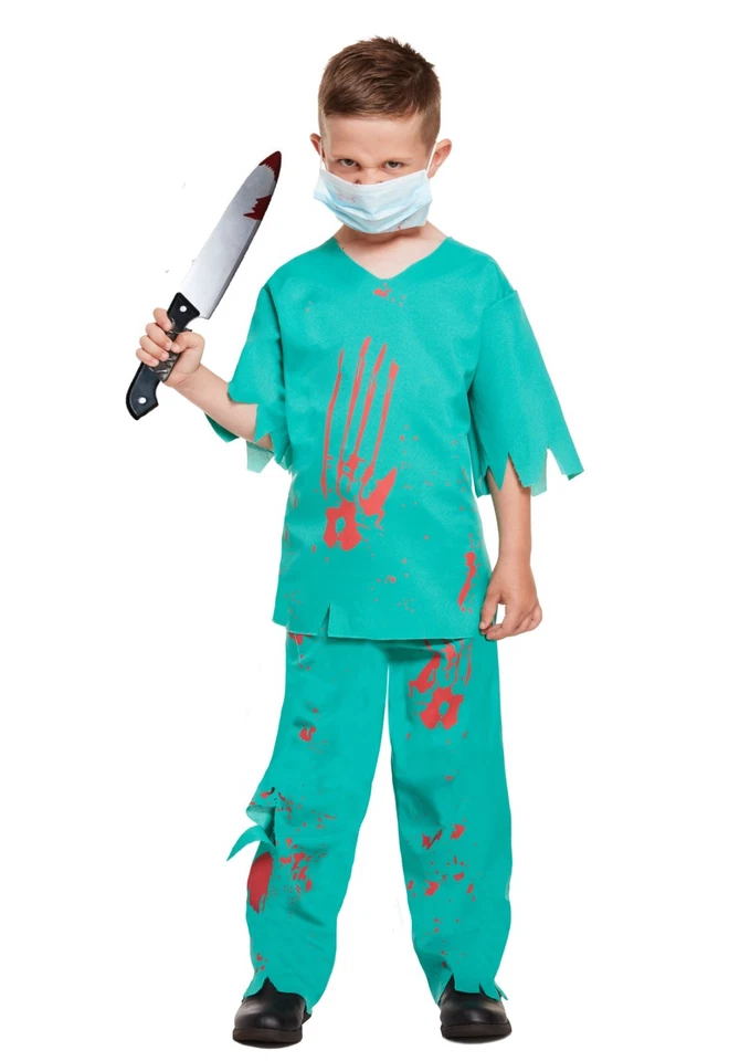 Boys Zombie Doctor Costume Kids Halloween Scrubs Surgeon Fancy Dress Outfit UK - Image 3 of 4