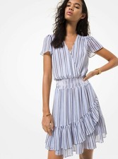 NWT  - MICHAEL KORS Women's 'GEORGETTE' Crew Blue STRIPED DRESS - M