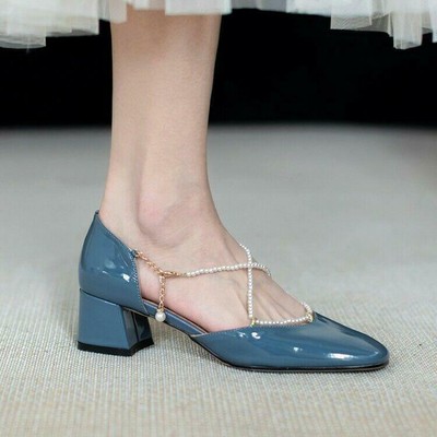 Womens Patent Leather Pearl Beaded Crossover Block Heel Court Shoes Sandals MOON | eBay