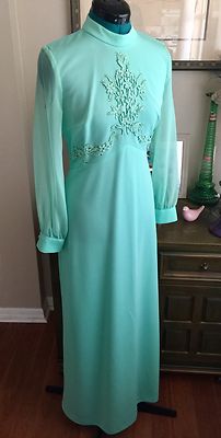 VTG 70s Mint Green Boho Maxi Dress Sheer Sleeve Appliqu Hippie Wedding 12  S/M | eBay