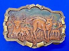 Deer Elk Mountain Wildlife Scene Embossed on Leather Great American Belt Buckle