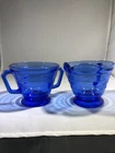 VINTAGE HAZEL ATLAS MODERTONE COBALT BLUE FOOTED CREAMER SUGAR DEPRESSION  ❤️