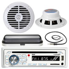 Pyle Bluetooth Boat AUX AM FM Radio, 6.5" White Speakers, Radio Cover, Antenna
