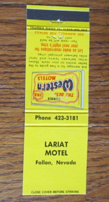 FALLON, NEVADA MATCHBOOK COVER:  LARIAT BEST WESTERN MOTEL 1960s MATCHCOVER -A