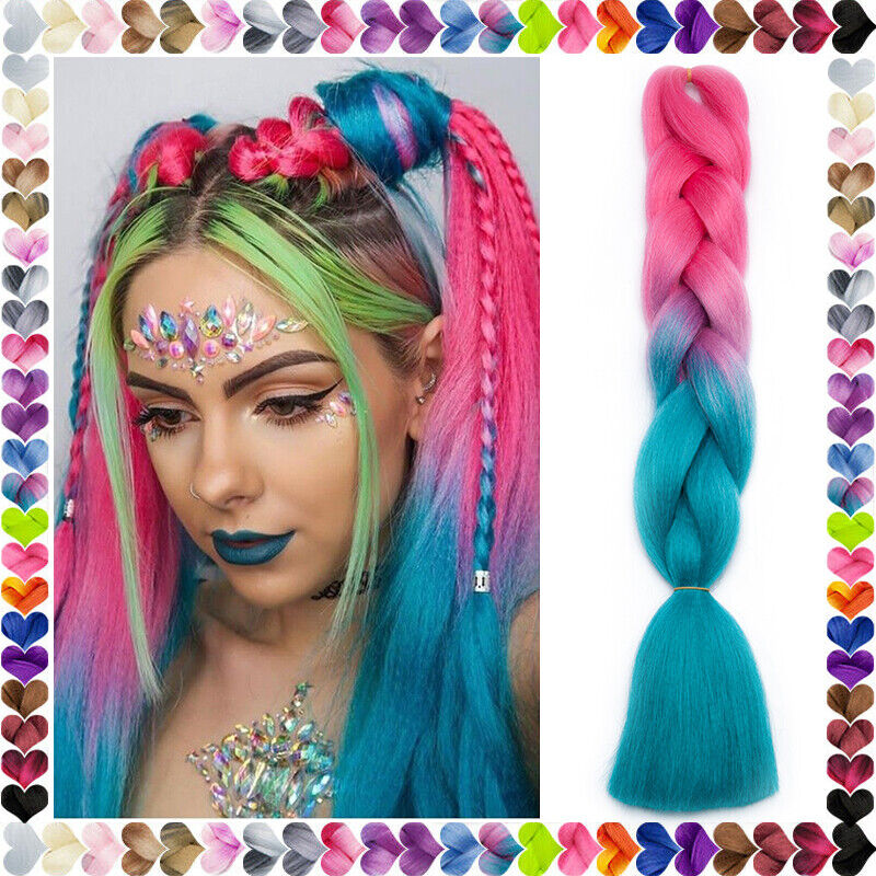 Kanekalon Ombre 4 Colors Mix Braiding Hair 3pcs Extensions Jumbo Hair  Rainbow Color Colorful Twist Braid wigs Dreadlocks ( Pink  /Purple/Green/Blue/ Light Cyan) (Lot 24Inch) ps18