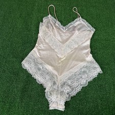 Vintage Ms. Leslee Light Pink Satin Floral Lace Teddy Bodysuit Coquette Size L