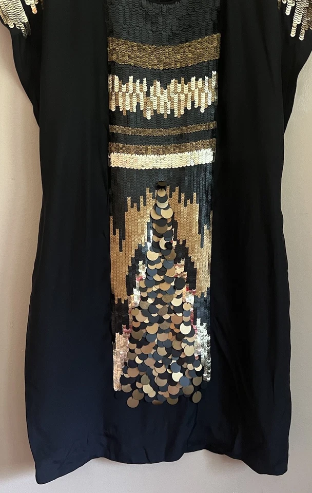 Yoana Baraschi Silk Dress Black Gold Sequin Sheath Shift XS 0 2 Boho Anthro - Image 4 of 4