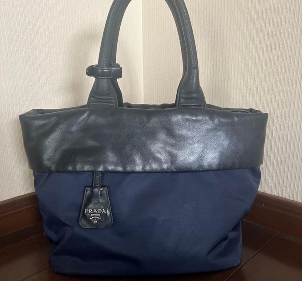 Prada Nylon Leather Tote Bag Black Navy Authentic Designer Handbag