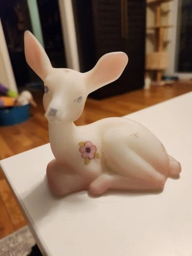 Fenton Glass Deer Figurine Hand Painted White W/Berries And Blossoms Signed