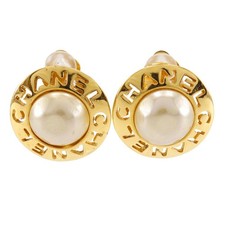 Chanel Round Logo Faux Pearl Earrings Women Gold One Size